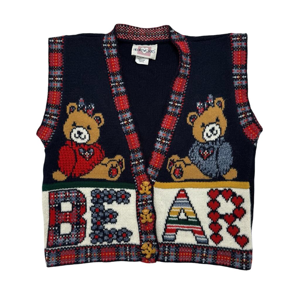 HEARTWORKS Teddy Bear Vintage 90s Knit Vest Size Medium 10/12 Girls Made in USA